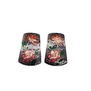 Vintage Cloisonné Floral Enameled Rectangular Earrings 80's 90's Estate Jewelry